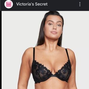 NWT Victoria Secret Black Floral Embroidery Demi Plunge underwire bra Sz 36C